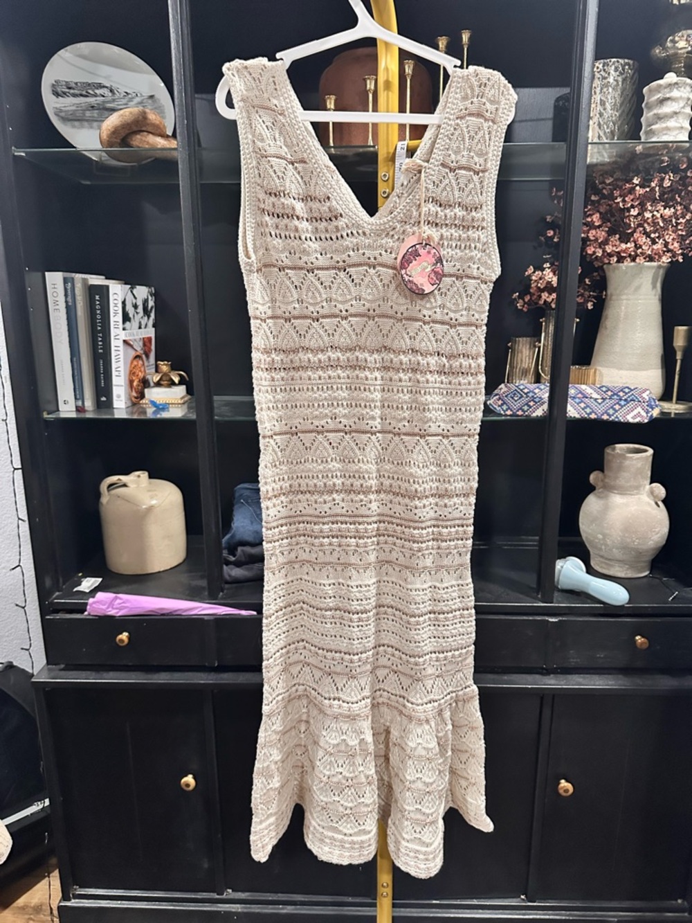 Odd Molly by Anthropologie Cream Crochet layer lover Midi Dress with V-Neck